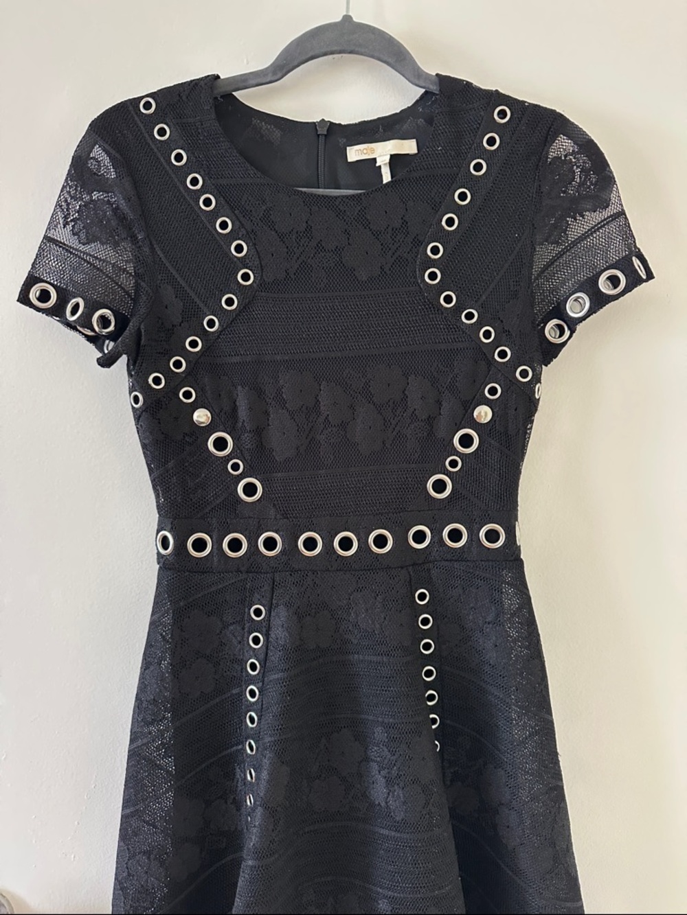 Maje Black Lace Dress with Silver Eyelet Trim